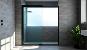Elegant black shower sliding door enhancing a modern bathroom with sleek design.