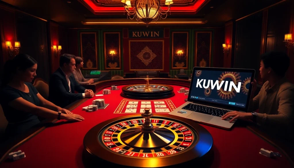 Engaging players at a luxurious KUWIN casino table with poker chips and cards.