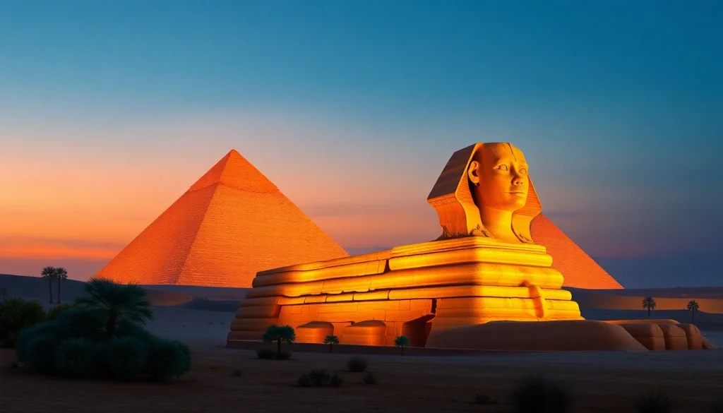 Visit https://piraminds.com/ to see illustrated pyramids of Giza under twilight sky.