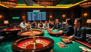 SBOBET players enjoy thrilling bets in a luxurious casino setting, featuring roulette and poker.