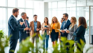 Business coach near me leading a diverse team in a modern office environment.