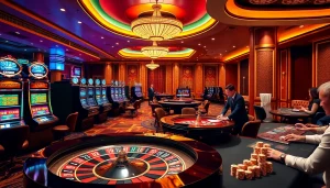 Scène passionnante de casino en ligne avec des machines à sous, des tables de poker et des roues de roulette.