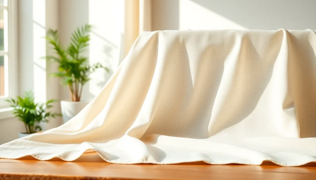 Verken de schoonheid van zuiver linnen stof terwijl het elegant over een tafel hangt.