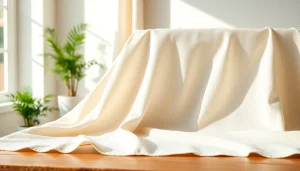 Verken de schoonheid van zuiver linnen stof terwijl het elegant over een tafel hangt.