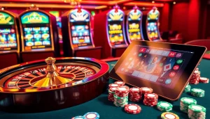 Experience the thrill of LUCK8 with vibrant casino games, poker chips, and an exciting roulette wheel.