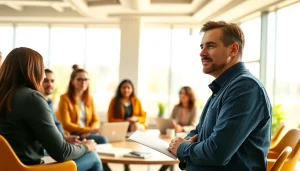 Coaching leadership session engaging diverse individuals in a collaborative environment.