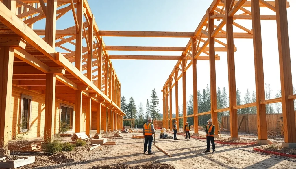 Showcasing innovative timber frame solutions at a construction site, highlighting craftsmanship.