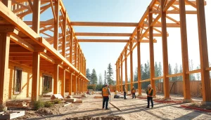 Showcasing innovative timber frame solutions at a construction site, highlighting craftsmanship.