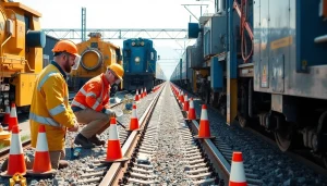 Emergency RailroadRepair team expertly fixing train tracks, showcasing skill and urgency.