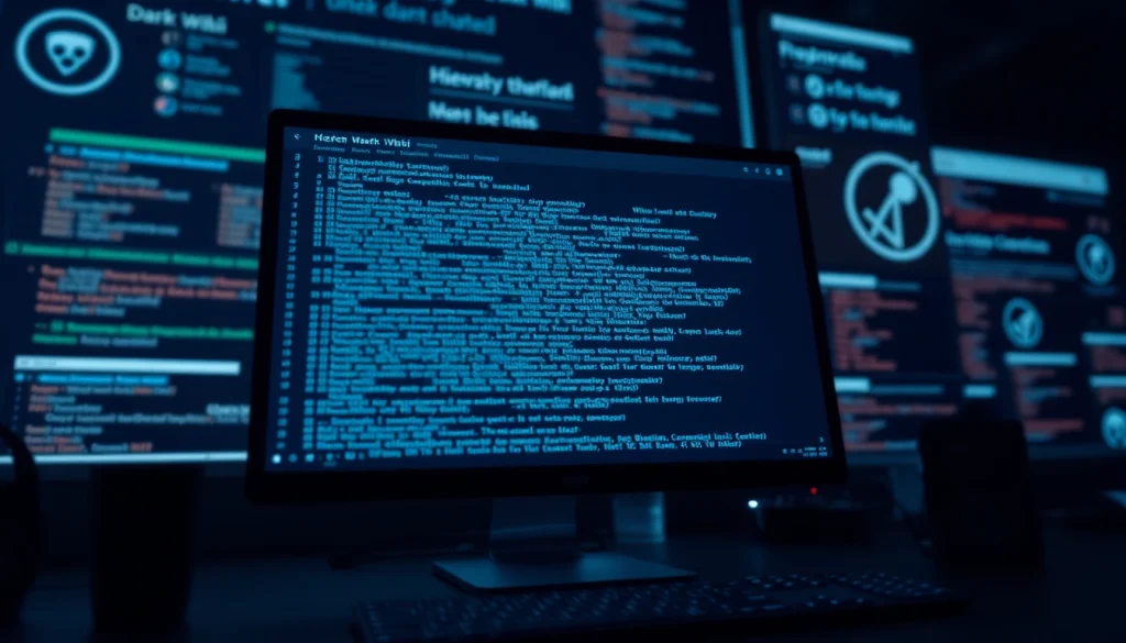 The hidden wiki 1 displayed on a digital interface, showcasing dark web links in a mysterious ambiance.