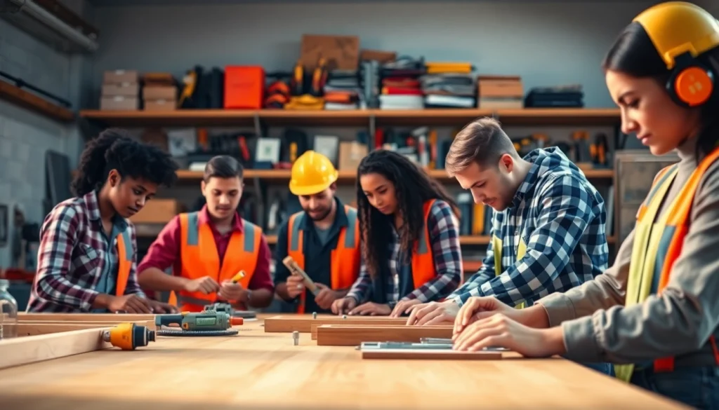 Engaged students participating in construction classes, emphasizing hands-on learning.