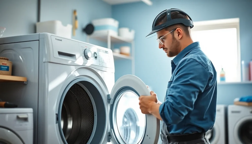 Technician engaged in washing machine repair with tools in a bright laundry room.