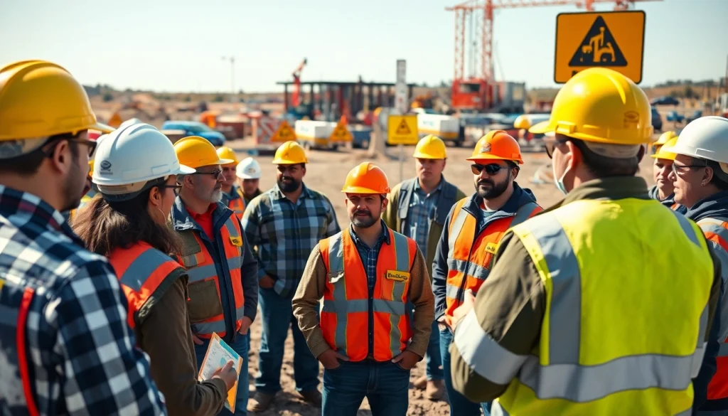 Workers engaged in construction safety training, demonstrating hands-on practices and safety measures.