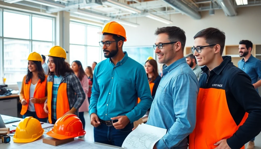 Engaged adult learners in construction education training with tools, blueprints, and collaboration.