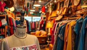 Explore unique finds in a colorful thrift store with vintage clothing and eclectic decor.