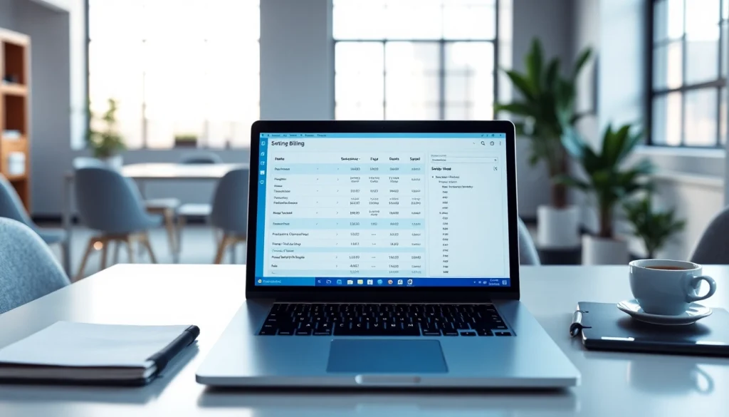 Visual representation of subscription billing features on a sleek laptop in a modern office setting.