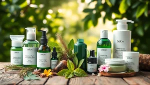 Prirodna kozmetika prikazana sa biljem i cvetovima na drvenom stolu.