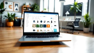 Showcasing a vibrant Multi-Store interface on a modern laptop in a bright office environment.