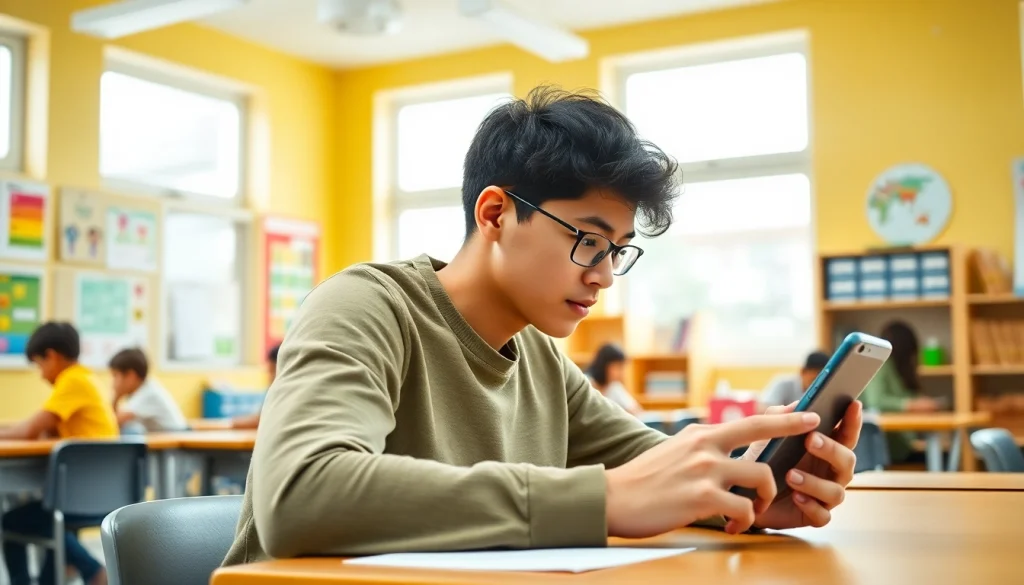 Managing phon in school life by a student in a vibrant classroom using a smartphone for learning.