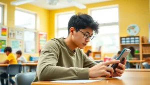 Managing phon in school life by a student in a vibrant classroom using a smartphone for learning.