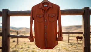 Showcase cowboy shirt Canada on a wooden fence highlighting its color and craftsmanship.