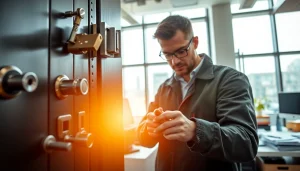 Commercial Locksmiths in Ballwin assisting in a modern office with advanced security systems.