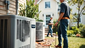 Installing american standard heat pumps in a home with professional technicians on-site.