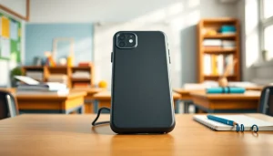 Handytasche Klassenzimmer am Schreibtisch mit Lernmaterialien zeigt perfekte Organisation.