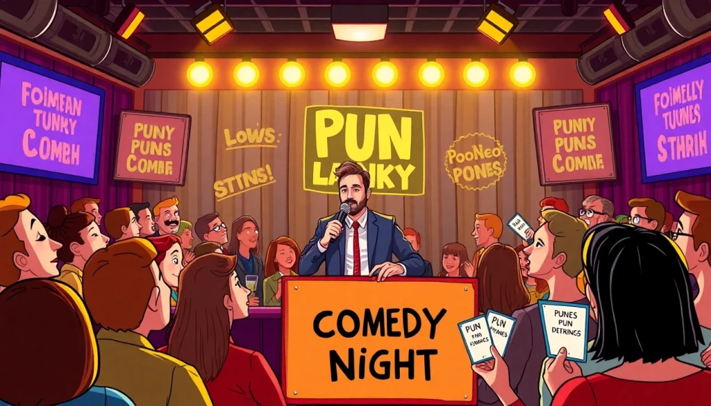 Comedian delivering puns at a comedy night, engaging audience with pun names.