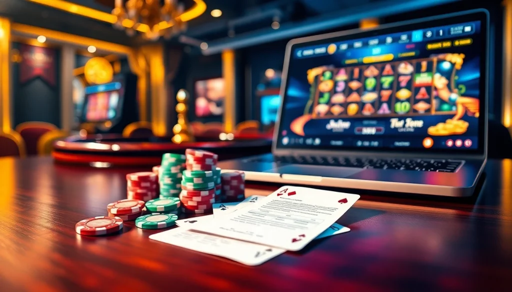 Scène captivante de casino en ligne mettant en avant des éléments de jeu de luxe tels que la roulette et les machines à sous.