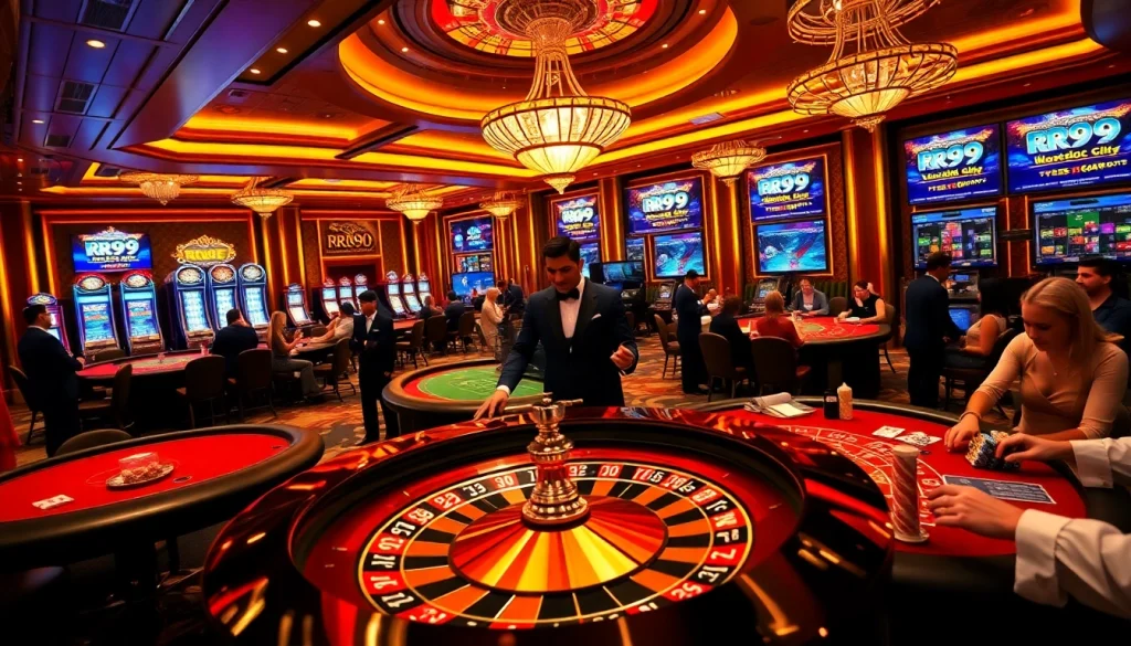 Experience the excitement of RR99 with a vibrant casino scene featuring roulette, poker tables, and glamorous lighting.