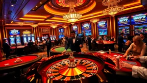 Experience the excitement of RR99 with a vibrant casino scene featuring roulette, poker tables, and glamorous lighting.