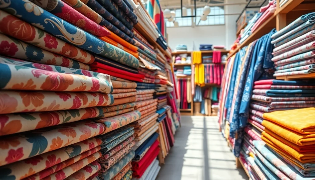 Bij het bedrukte stoffen kopen ziet u kleurrijke en diverse stoffen in de winkel.