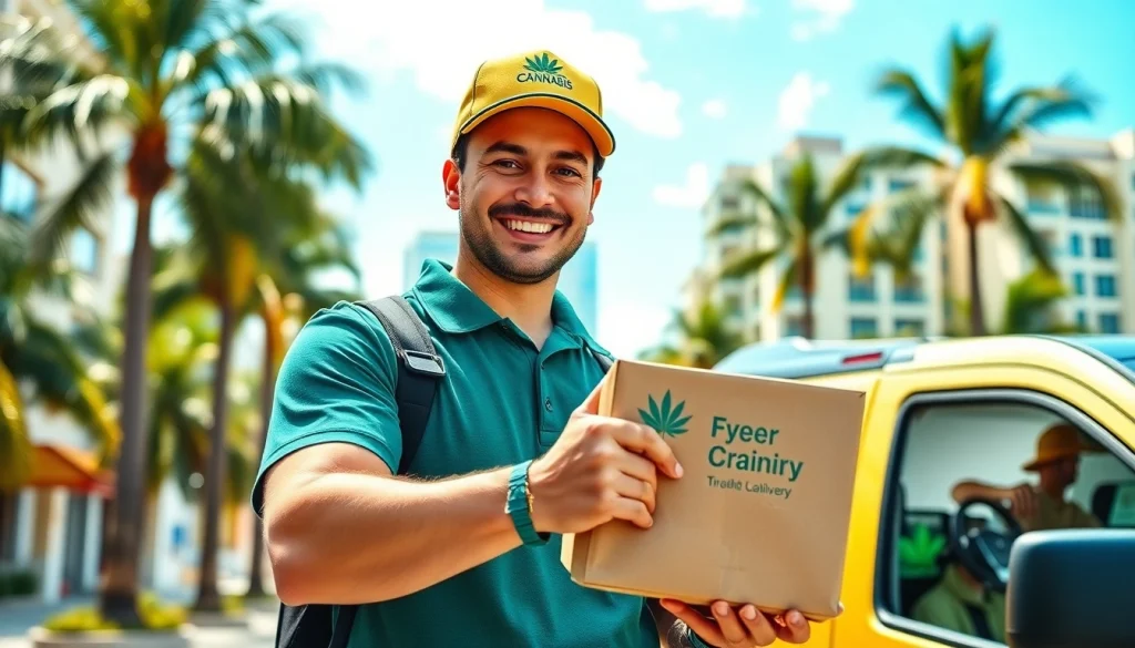 Fort Lauderdale weed delivery showcasing a friendly driver with a secure package in a vibrant city setting.