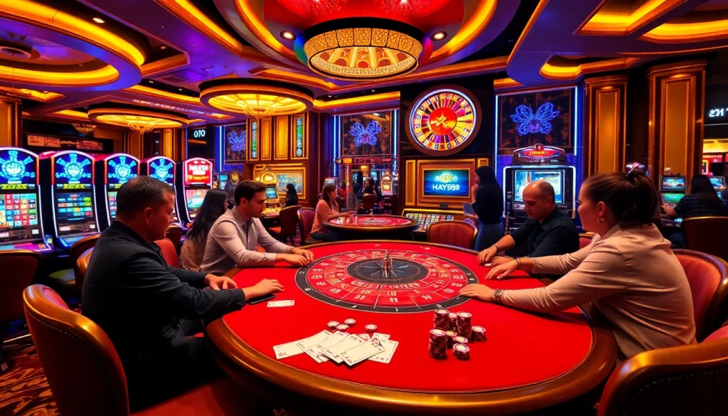 Experience the thrill of gambling at Hay88 with vibrant poker tables and slot machines.