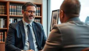 An experienced Greenville personal injury lawyer consulting with a client in an office setting.