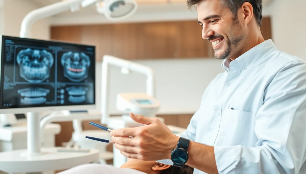 Orthodontics Edmonton expert assisting a patient in a bright, modern clinic setting.