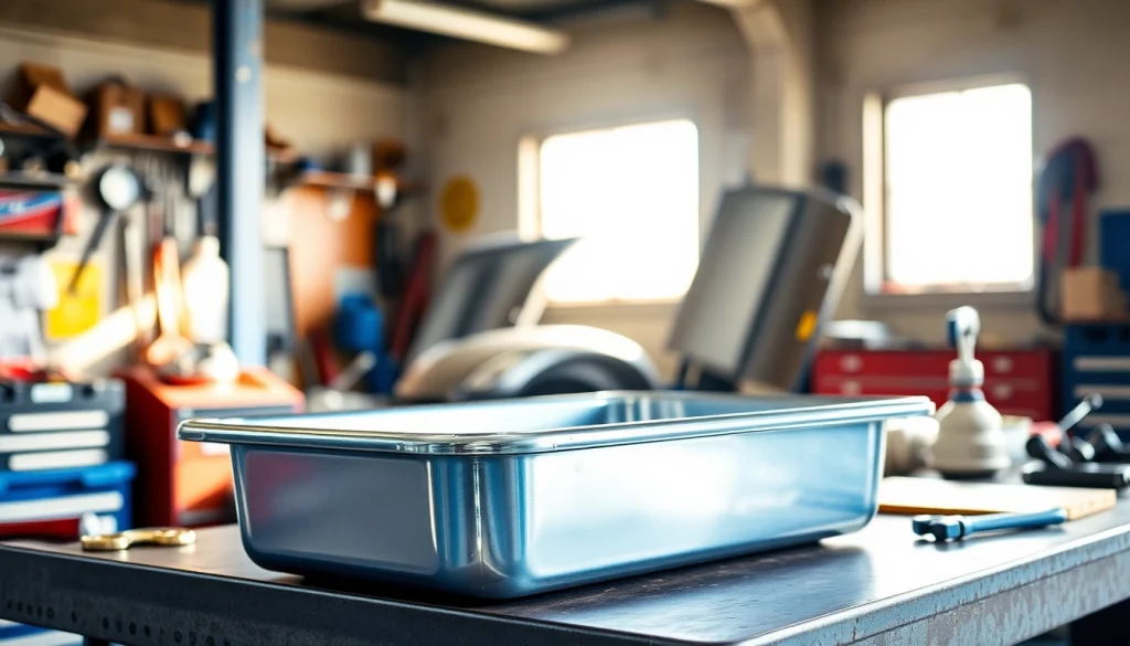 Using an oil drain pan in a bright workshop, showcasing its metallic finish and various automotive tools.