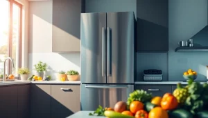 Modern Refrigerator in a stylish kitchen with fresh produce, showcasing its sleek design.