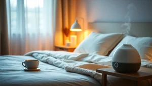 ティーと加湿器を使った風邪 一晩で治す方法を示すリラックスした寝室の風景。