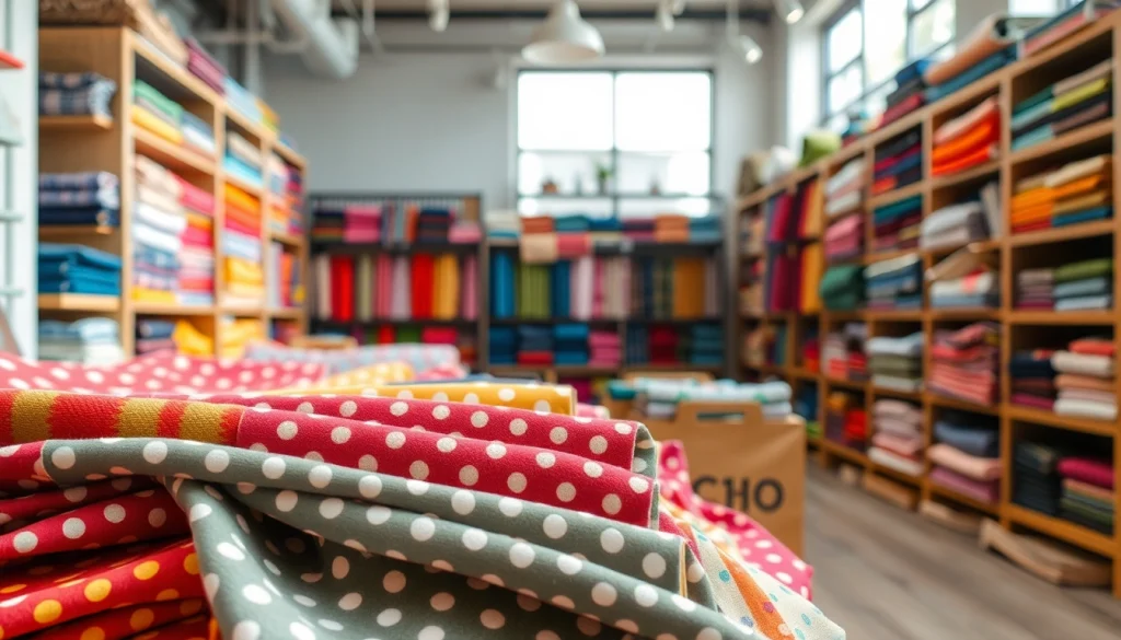 Katoen stof kopen met diverse kleurrijke stoffen en patronen in een stijlvolle winkel.