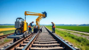 Workers performing railroad maintenance repairs with advanced machinery on a sunny day.