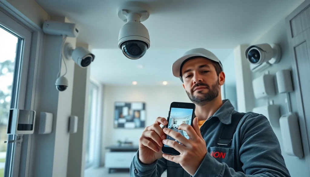 Instalación de cámaras de seguridad y alarmas que muestra tecnología de alarmas de seguridad en un hogar.