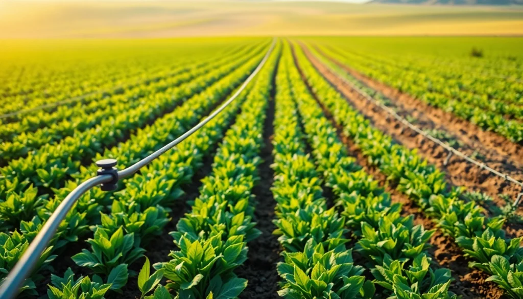 Land irrigation system enhancing crop growth amidst lush farmland.