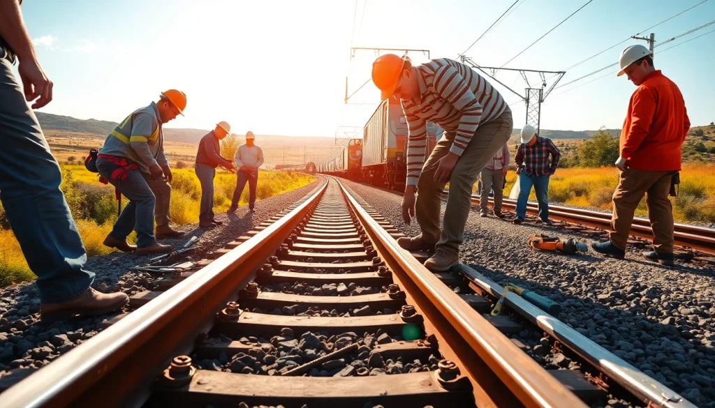 Workers carrying out Emergengy Railroad Repair with precision in a vibrant, natural setting.