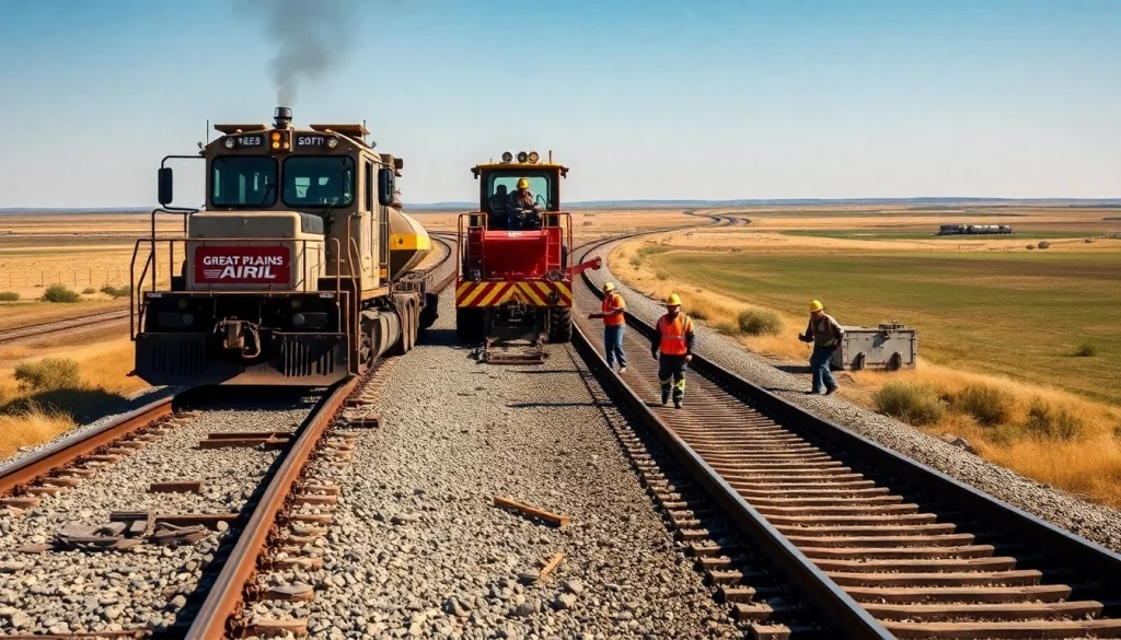 Great Plains Rail Contractors constructing a railway track with heavy machinery.