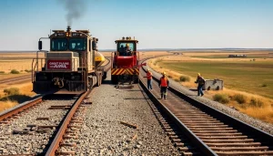 Great Plains Rail Contractors constructing a railway track with heavy machinery.