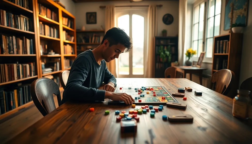 Enjoying games to play by yourself with a colorful board game setup in a cozy room.