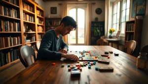 Enjoying games to play by yourself with a colorful board game setup in a cozy room.