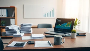 Usługi księgowości w profesjonalnym biurze z dokumentami finansowymi i wykresami.